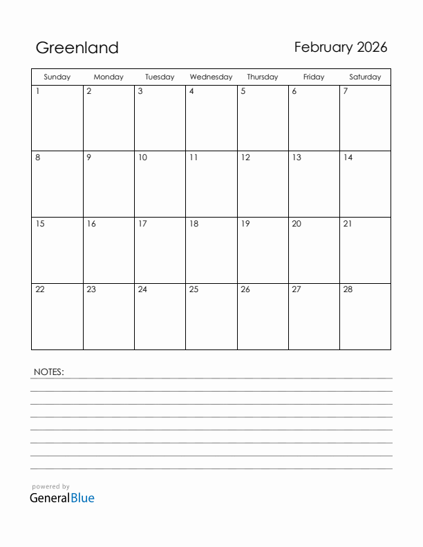 February 2026 Greenland Calendar with Holidays (Sunday Start)