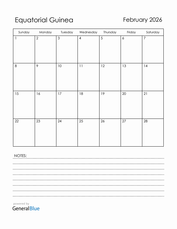 February 2026 Equatorial Guinea Calendar with Holidays (Sunday Start)