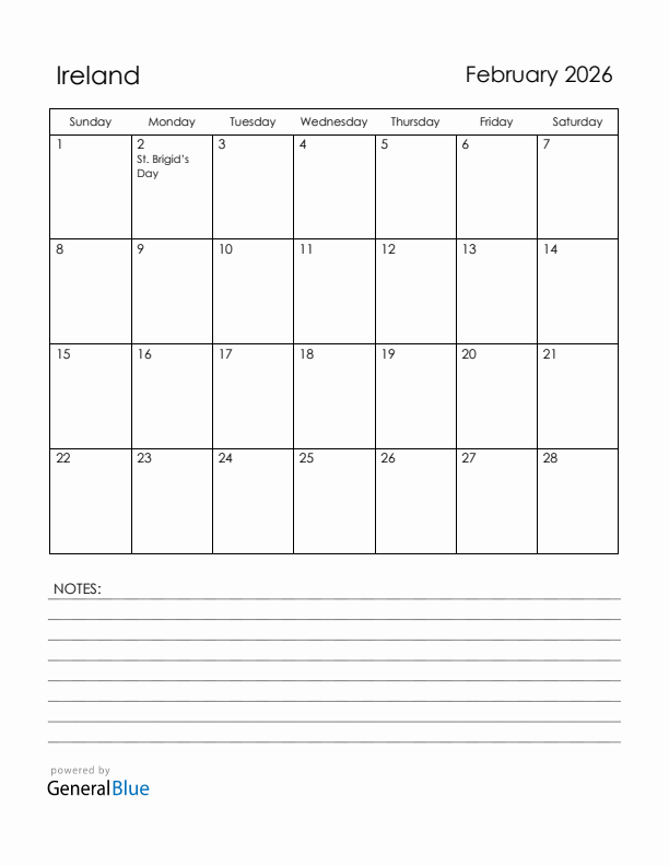 February 2026 Ireland Calendar with Holidays (Sunday Start)