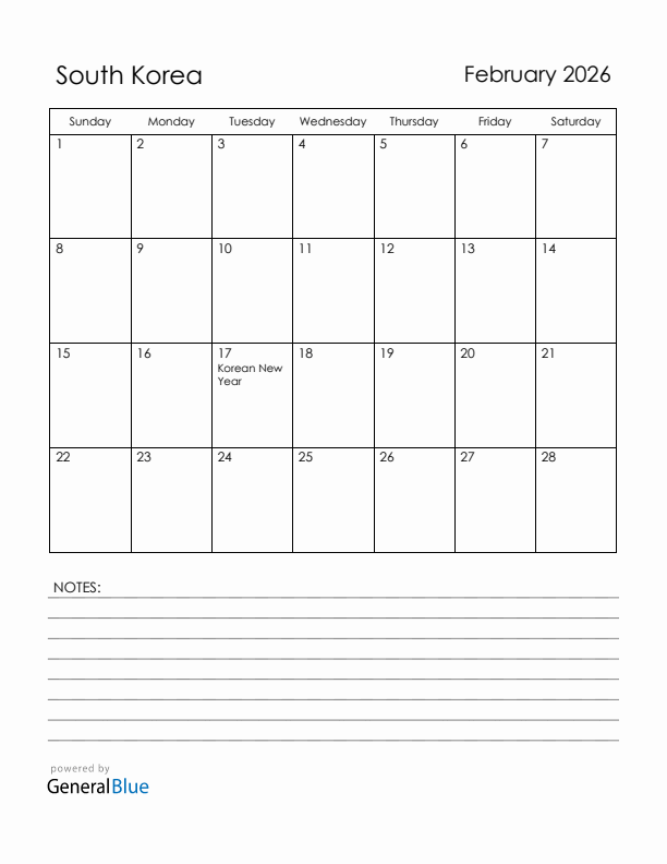 February 2026 South Korea Calendar with Holidays (Sunday Start)