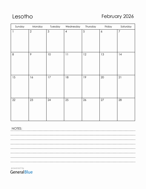 February 2026 Lesotho Calendar with Holidays (Sunday Start)