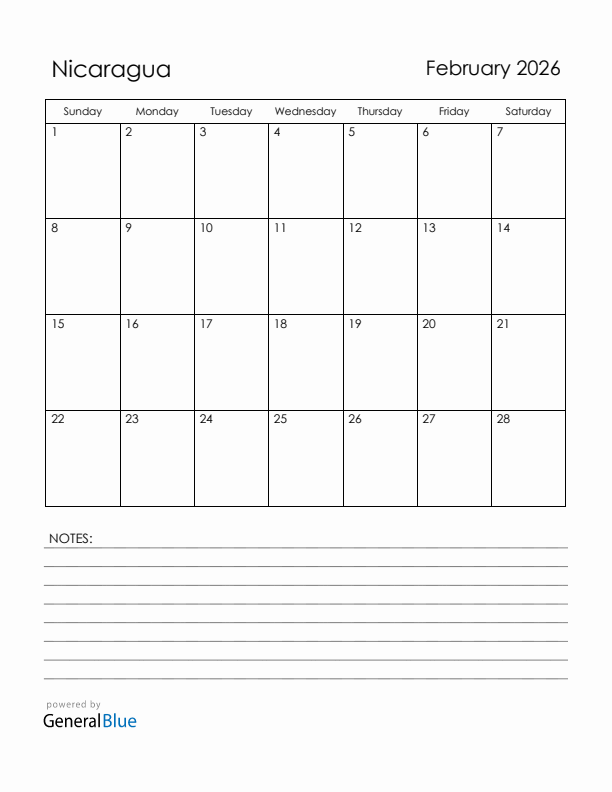 February 2026 Nicaragua Calendar with Holidays (Sunday Start)