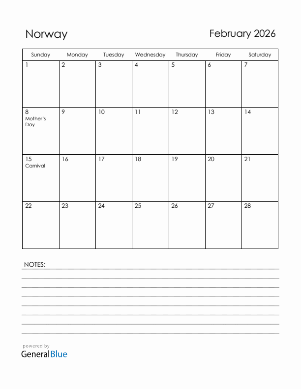 February 2026 Norway Calendar with Holidays (Sunday Start)