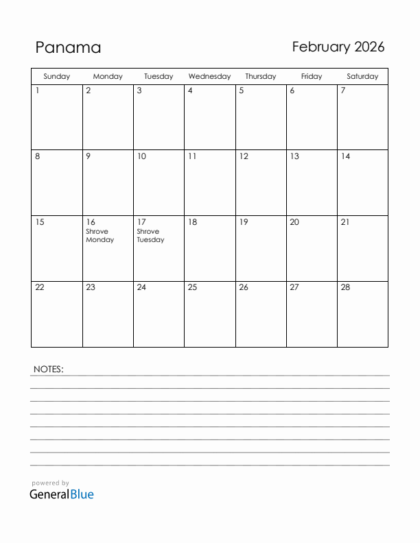 February 2026 Panama Calendar with Holidays (Sunday Start)