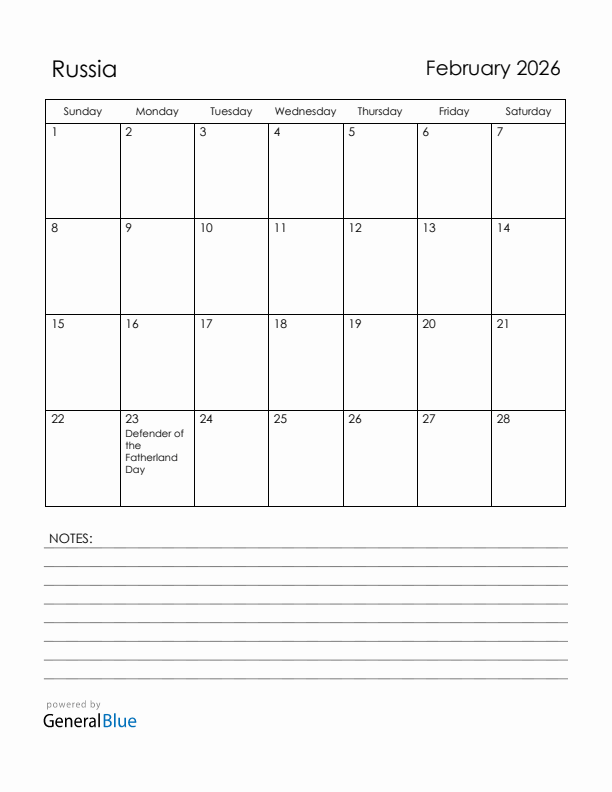 February 2026 Russia Calendar with Holidays (Sunday Start)