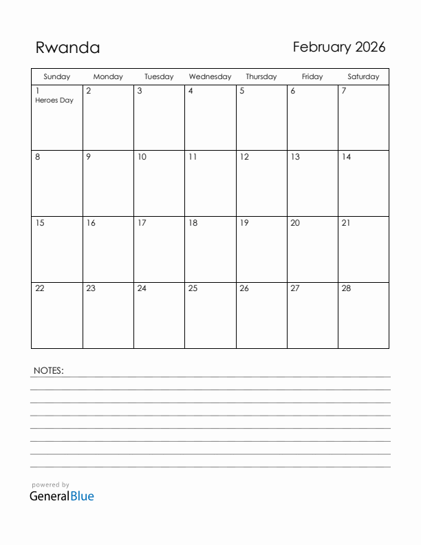 February 2026 Rwanda Calendar with Holidays (Sunday Start)