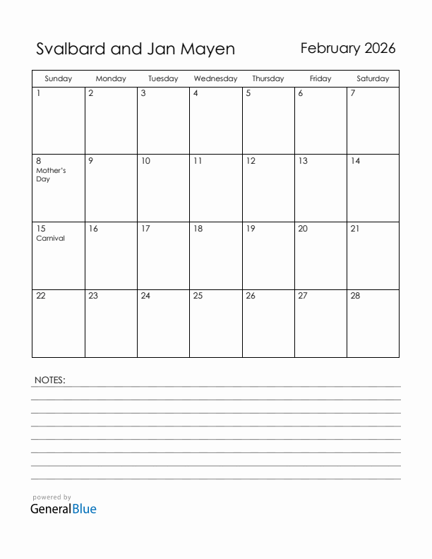 February 2026 Svalbard and Jan Mayen Calendar with Holidays (Sunday Start)