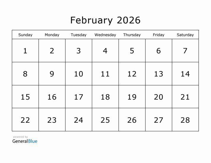 Printable February 2026 Calendar - Sunday Start