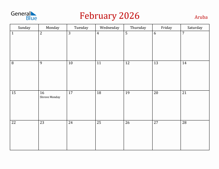 Aruba February 2026 Calendar - Sunday Start