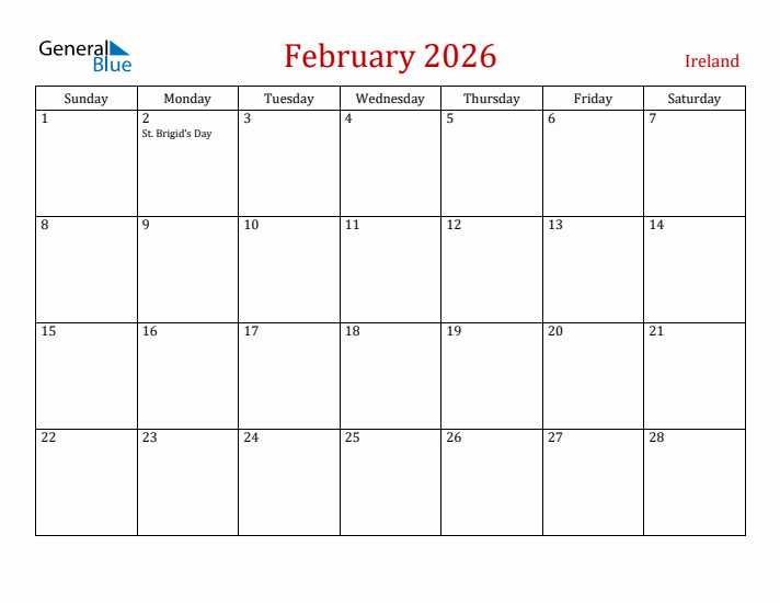 Ireland February 2026 Calendar - Sunday Start