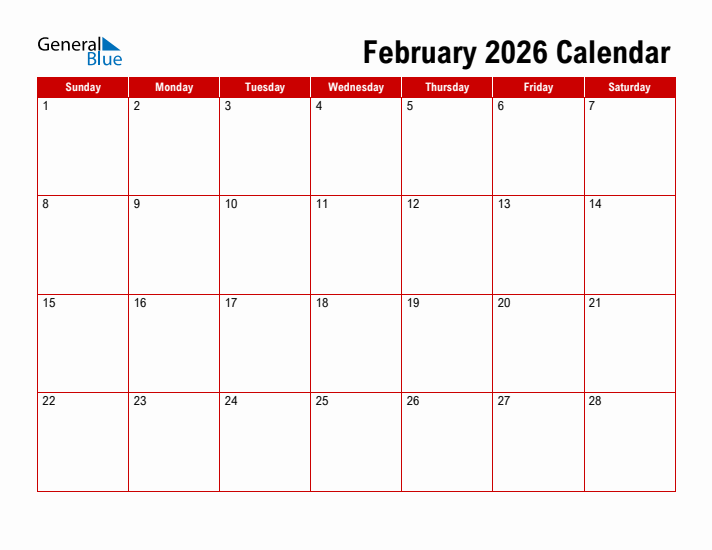 Simple Monthly Calendar - February 2026