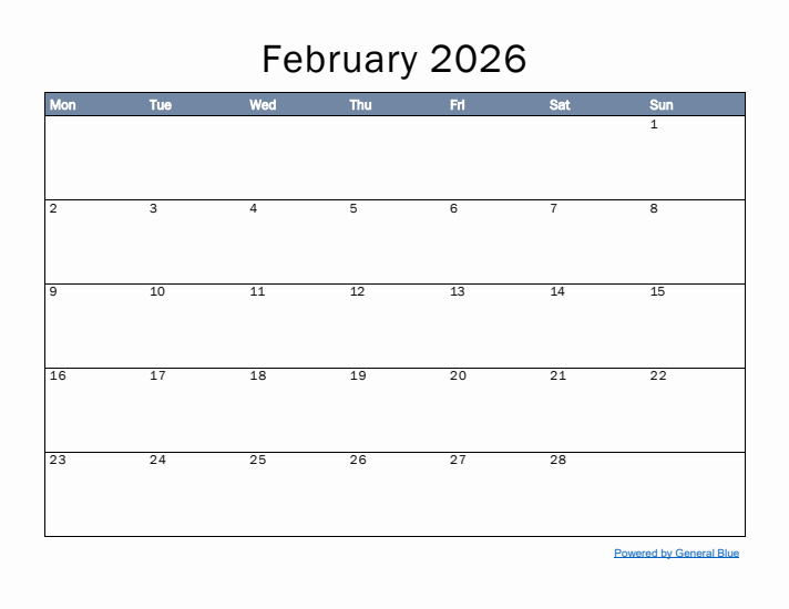 February 2026 Simple Month Calendar Template