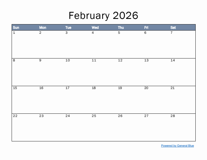 February 2026 Simple Month Calendar Template