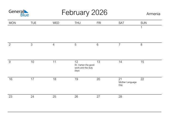 Printable February 2026 Calendar for Armenia