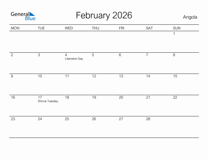 Printable February 2026 Calendar for Angola