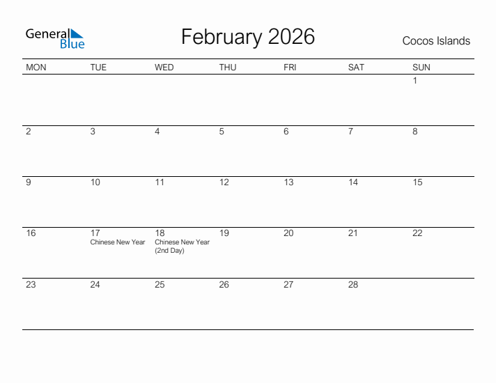 Printable February 2026 Calendar for Cocos Islands