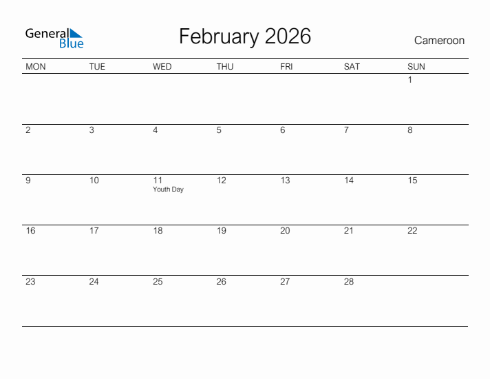 Printable February 2026 Calendar for Cameroon