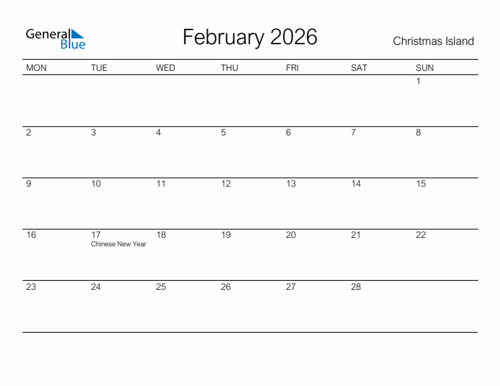 Printable February 2026 Calendar for Christmas Island