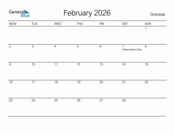 Printable February 2026 Calendar for Grenada