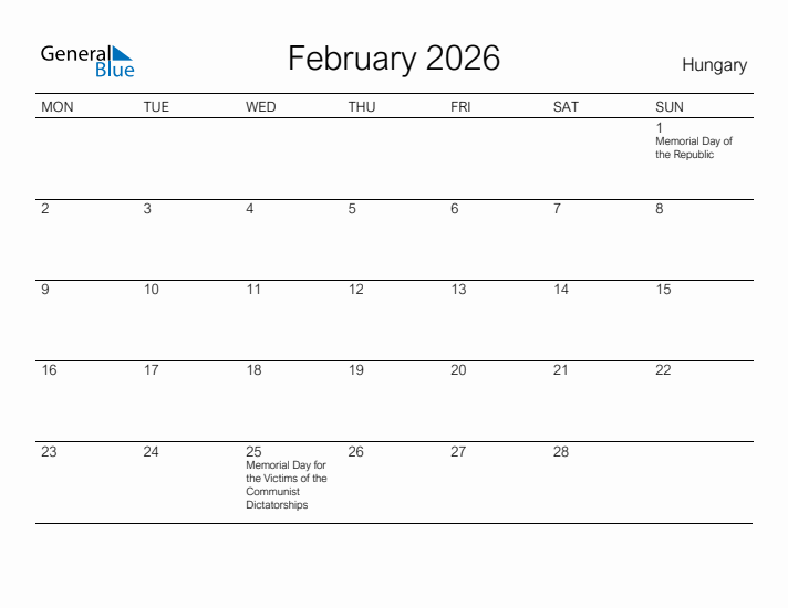 Printable February 2026 Calendar for Hungary