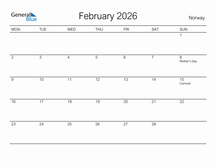 Printable February 2026 Calendar for Norway