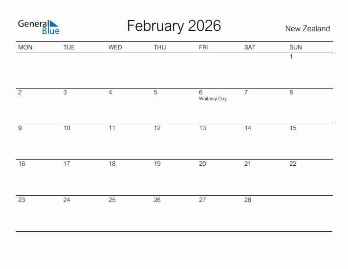 Printable February 2026 Calendar for New Zealand