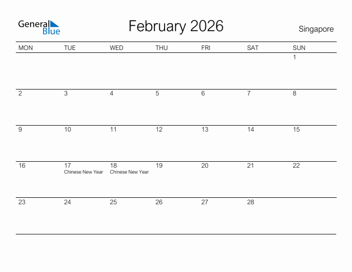 Printable February 2026 Calendar for Singapore