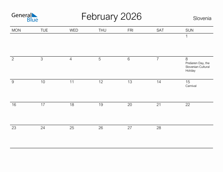 Printable February 2026 Calendar for Slovenia