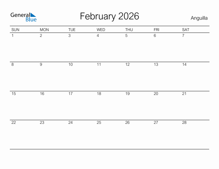 Printable February 2026 Calendar for Anguilla