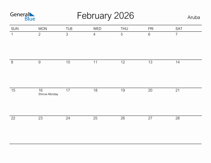 Printable February 2026 Calendar for Aruba