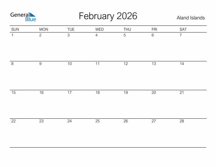 Printable February 2026 Calendar for Aland Islands