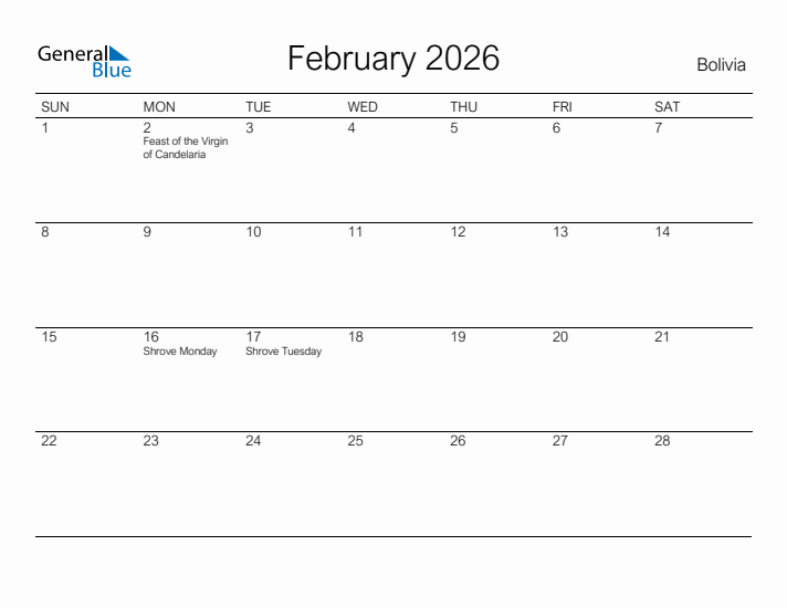 Printable February 2026 Calendar for Bolivia