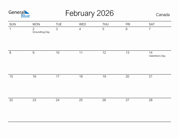 Printable February 2026 Calendar for Canada