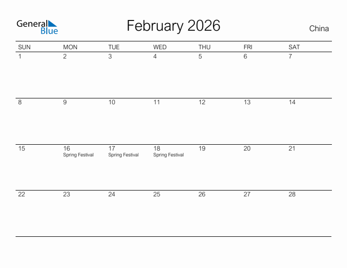 Printable February 2026 Calendar for China