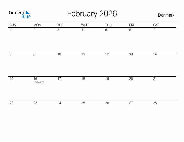 Printable February 2026 Calendar for Denmark