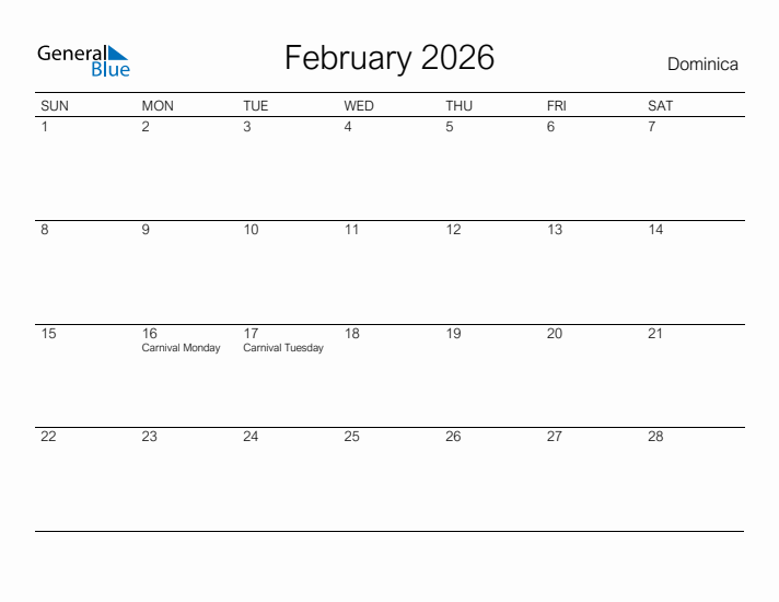 Printable February 2026 Calendar for Dominica