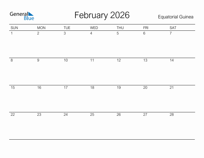 Printable February 2026 Calendar for Equatorial Guinea