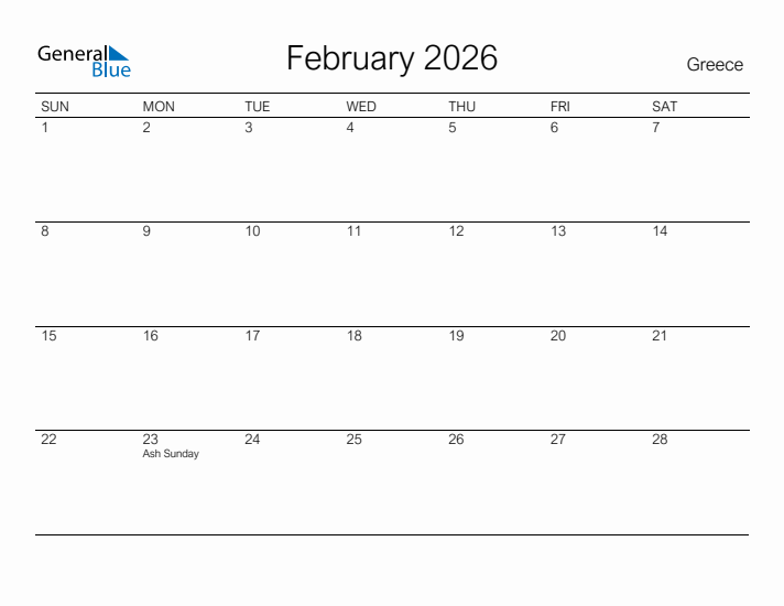 Printable February 2026 Calendar for Greece