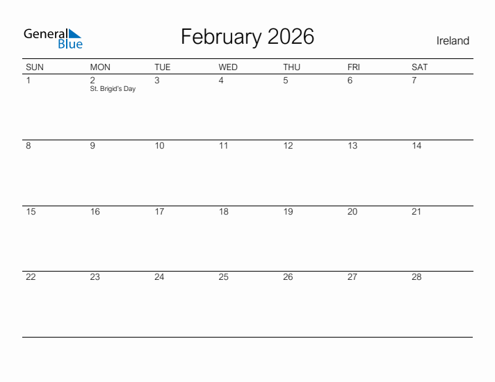 Printable February 2026 Calendar for Ireland