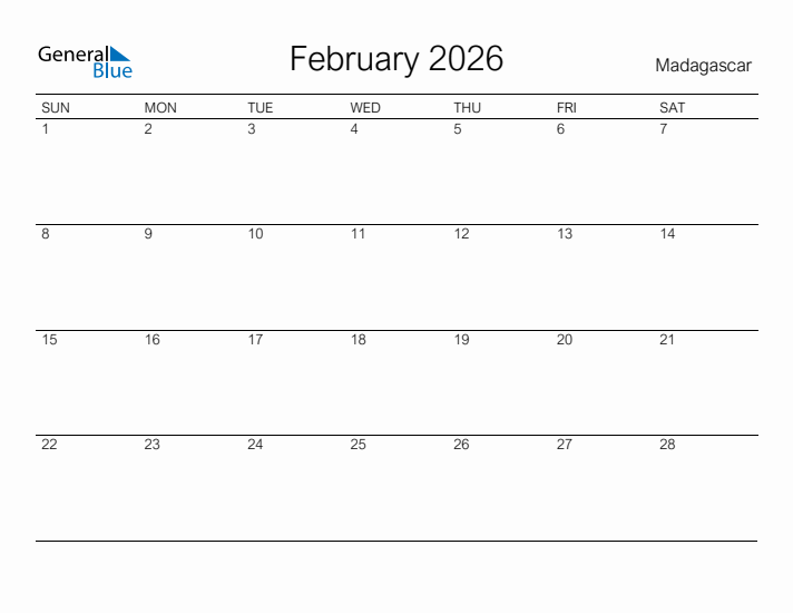 Printable February 2026 Calendar for Madagascar