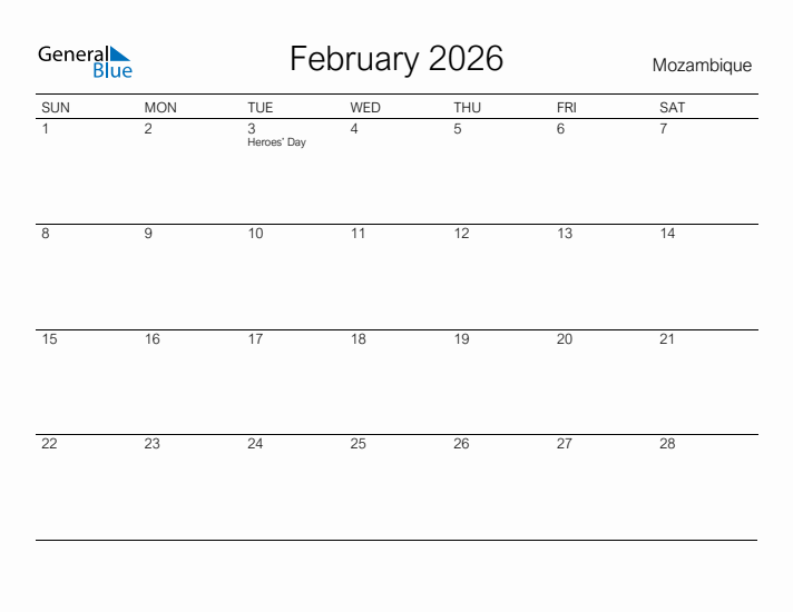 Printable February 2026 Calendar for Mozambique