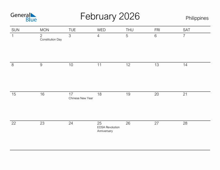 Printable February 2026 Calendar for Philippines