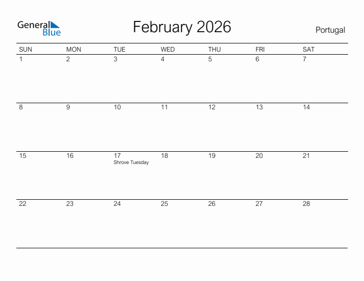 Printable February 2026 Calendar for Portugal