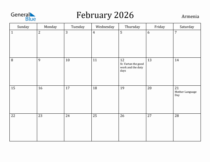 February 2026 Calendar Armenia