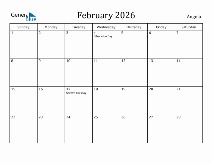 February 2026 Calendar Angola