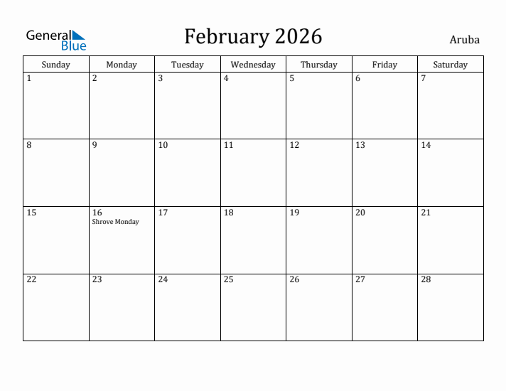 February 2026 Calendar Aruba