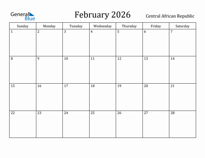 February 2026 Calendar Central African Republic