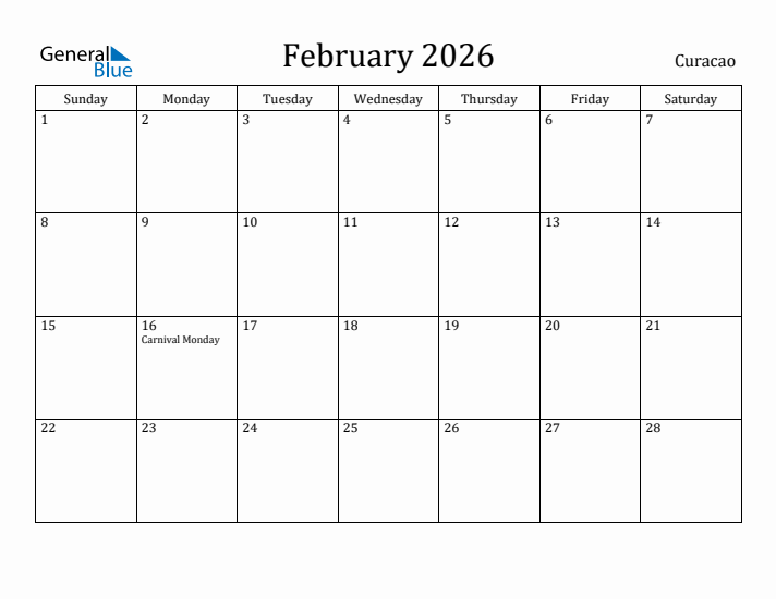 February 2026 Calendar Curacao