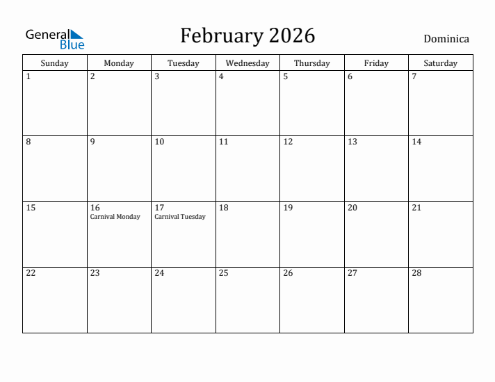 February 2026 Calendar Dominica