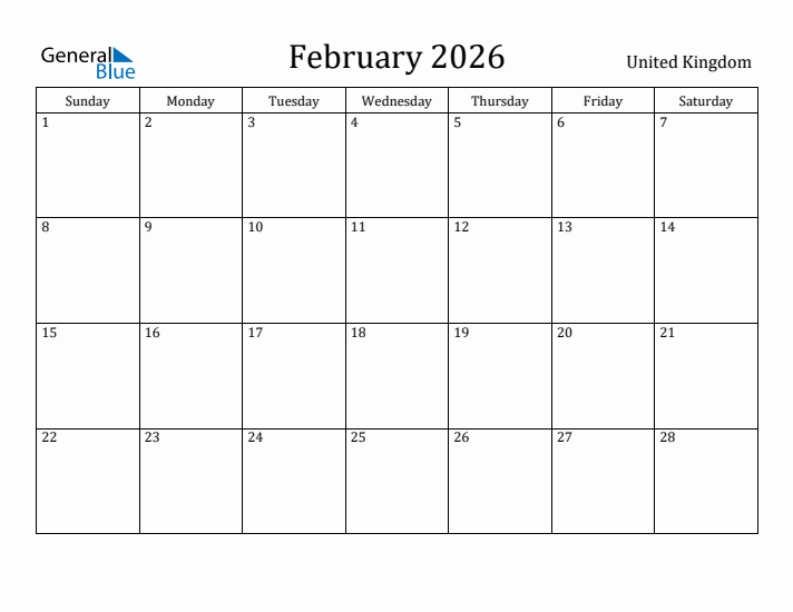 February 2026 Calendar United Kingdom